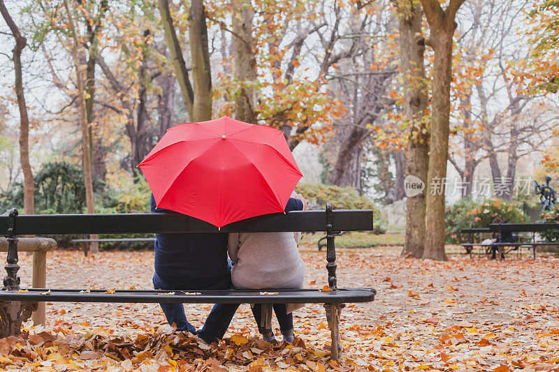 情侣伞下秋日公园，情意绵绵