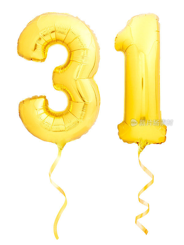 金色的31号31号是由充气气球做成的，上面有白色的丝带