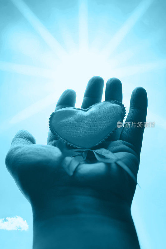 在阳光的背景下(蓝色调)手握着一颗心