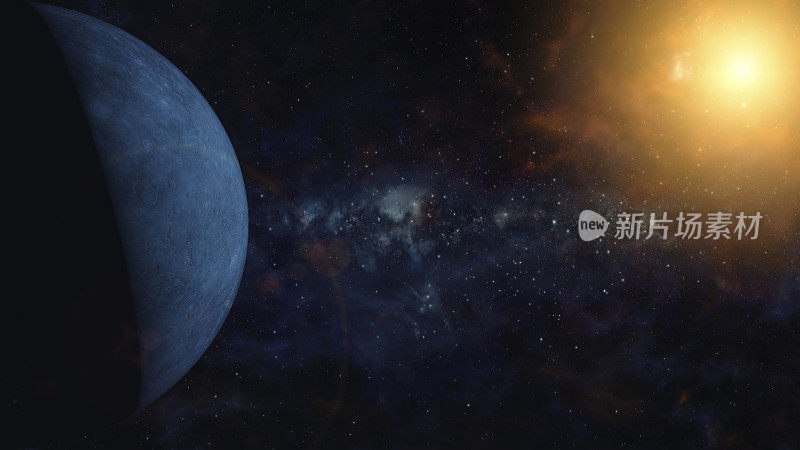 蓝色岩石行星的太空场景，表面有大量环形山环绕红色恒星。外太空，宇宙艺术和科幻概念。