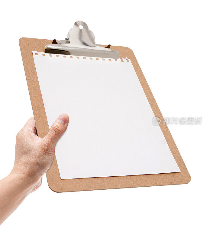 手持剪贴板与空白记事本隔离在白色背景