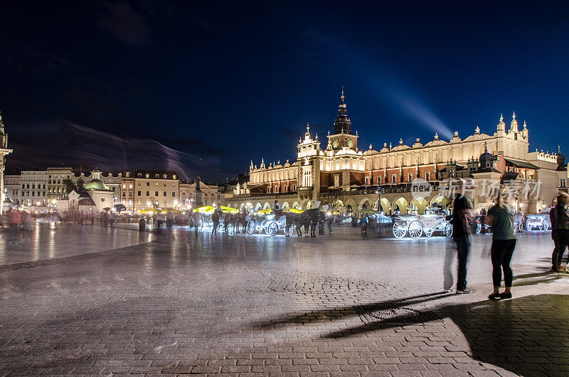 克拉科夫市中心的广场市场和布艺大厅在夏夜