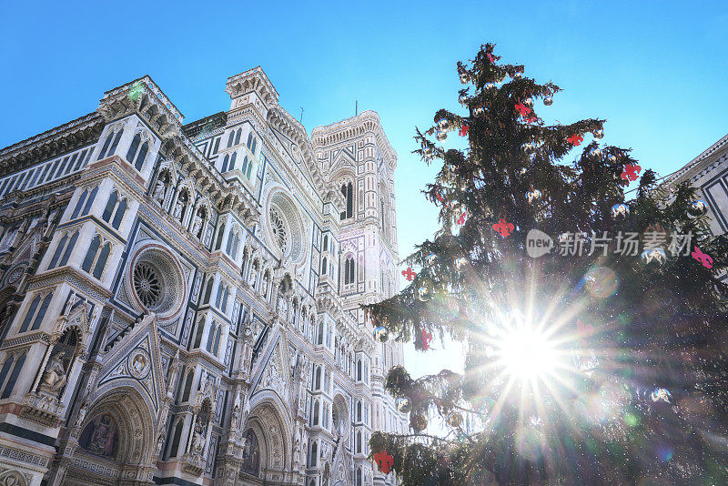 佛罗伦萨大教堂，钟楼和圣诞树，意大利托斯卡纳