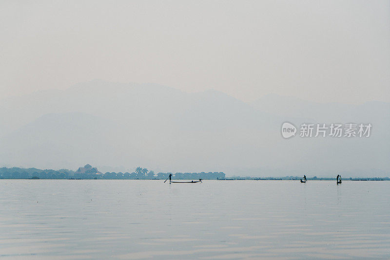 风景剪影的渔民在茵莱湖