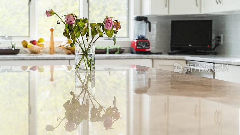 现代厨房内部在豪华住宅，有宽窗户和自然光线。厨房桌子上的花瓶里有一大束粉红色的干玫瑰。