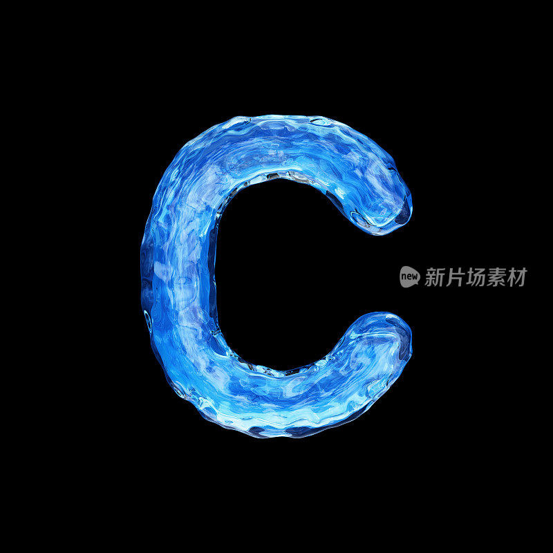 大写字母C由水隔离在黑色背景上