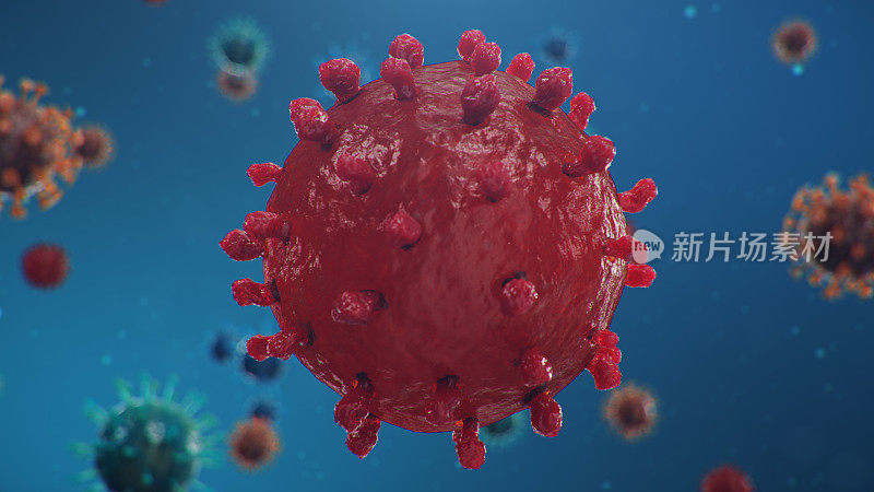 显微镜下的冠状病毒概念三维示意图。病毒在人体内传播流行病，影响呼吸道的流行病。致命的病毒感染。
