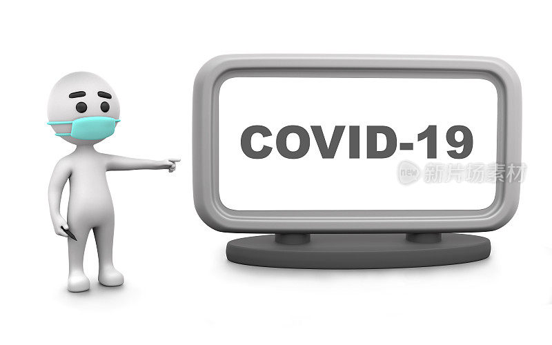 3D卡通简笔画在白色数字显示屏上显示Covid-19文字