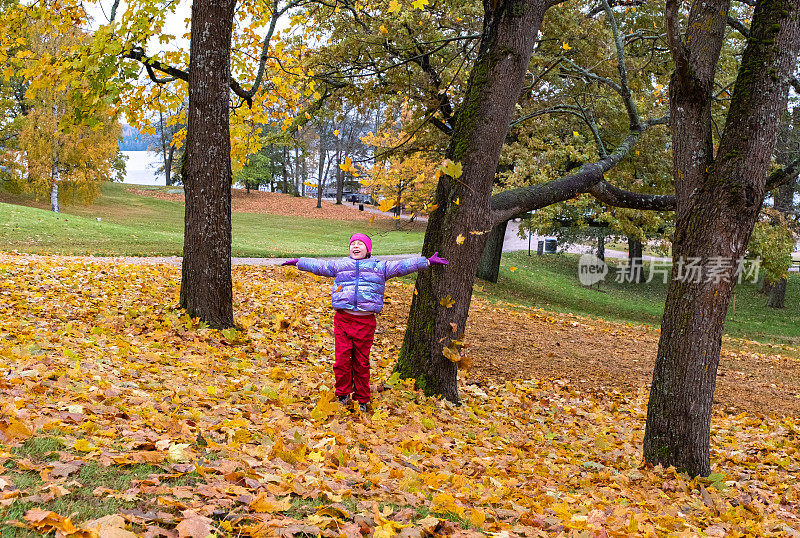 孩子，白人女孩，8岁，秋天散步。孩子把秋叶抛向空中，他很高兴，为秋天而高兴。