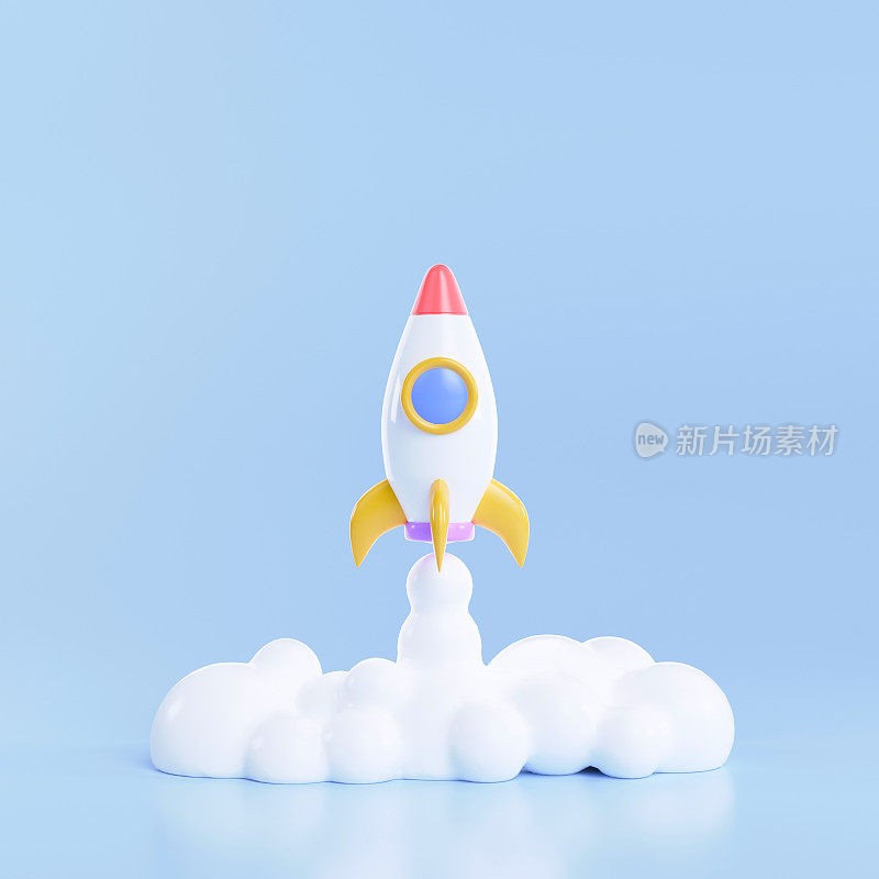 3D火箭发射蓝色背景，飞船图标，创业理念。3d渲染图