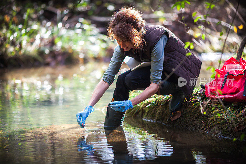 中年生物学家在农村的一条溪流中采集水样作进一步检查