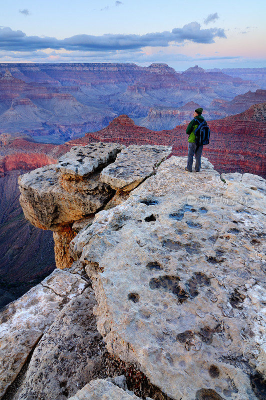 一个站在岩石上看大峡谷风景的人