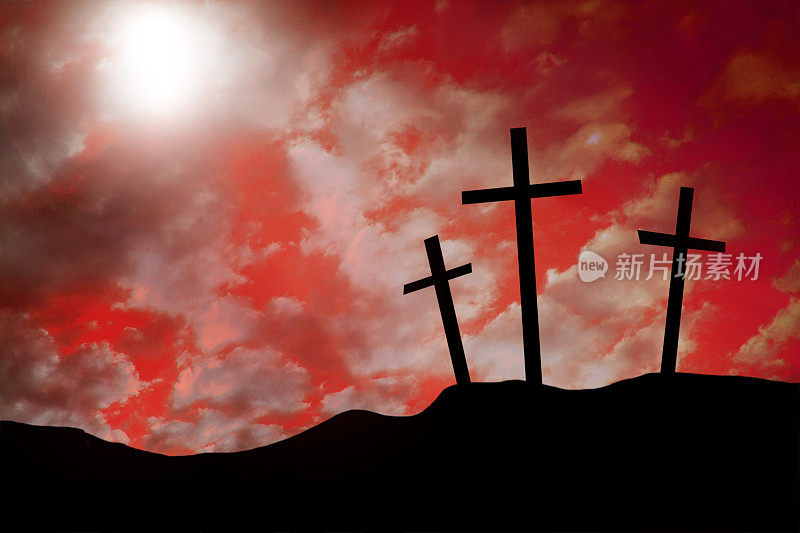 复活节。受难。山上有三个十字架。耶稣受难日。基督教。