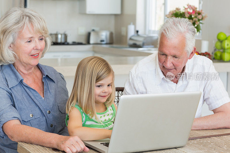 祖父母和孙女使用笔记本电脑