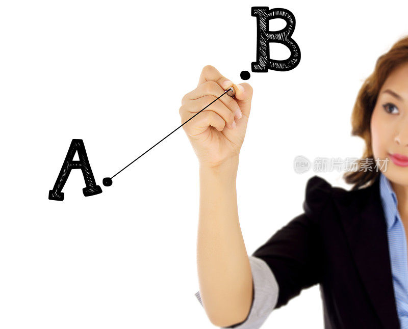 女人用手画一个A到B的黑白图形