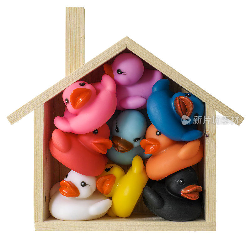 许多五颜六色的橡皮鸭子被压在概念上的木屋里。