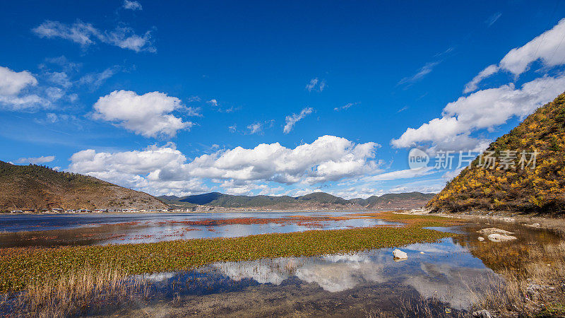 中国云南省香格里拉县，美丽的纳帕湖和水中云雾的景观。