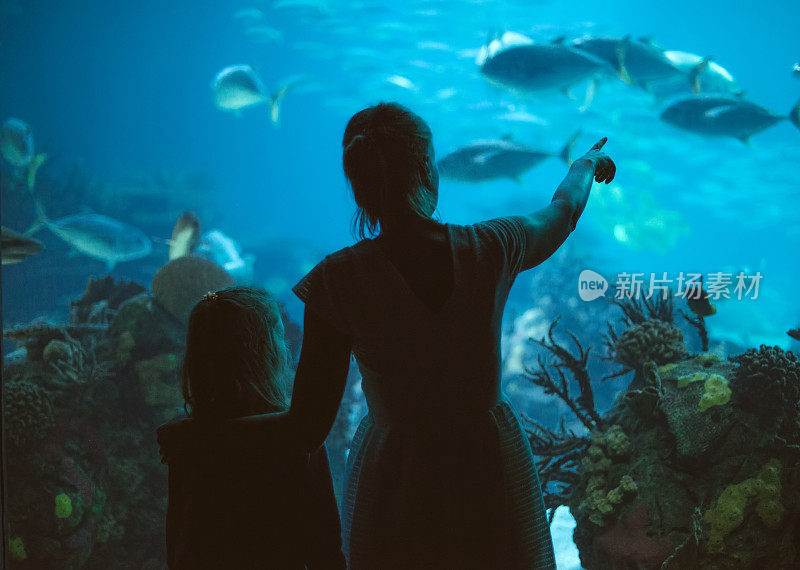 一个女人和她女儿在水族馆里。
