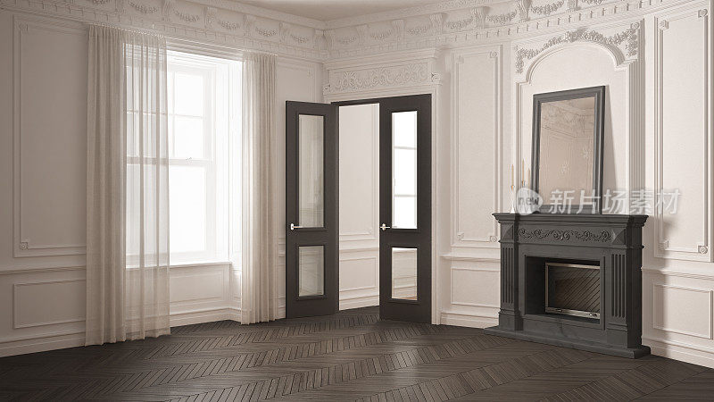 经典的空房间有大窗户，壁炉和人字形拼花地板，复古的白色和灰色的室内设计