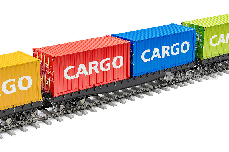 货运列车与货物集装箱，3D渲染孤立在白色背景