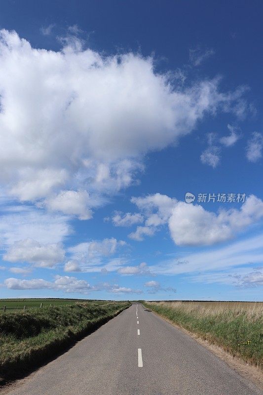 蓝天下狭窄的柏油马路和蓬松的白云