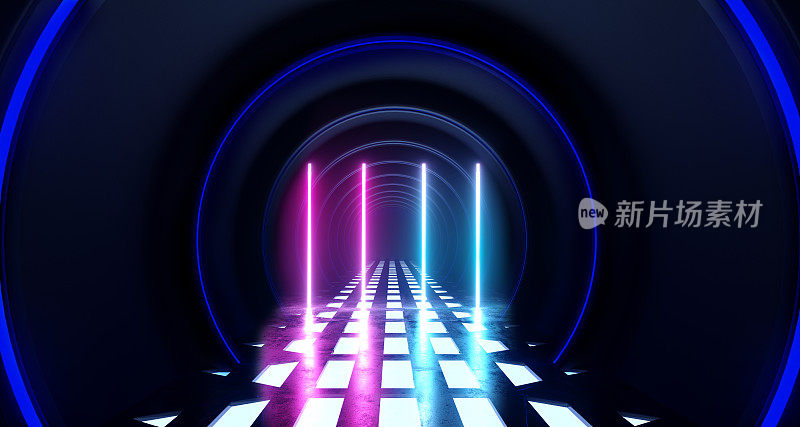 荧光激光Led霓虹复古发光紫蓝紫外线灯在黑暗的空外星人飞船科幻隧道走廊圆形垂直线3D渲染