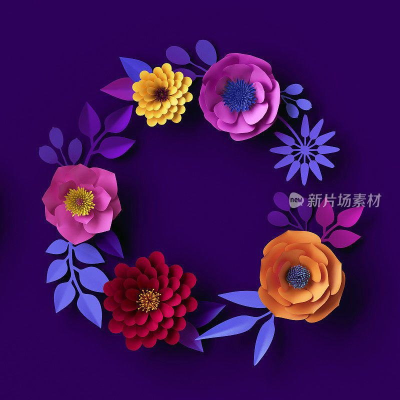 3d彩色纸花，霓虹植物背景，圆形花圈，空白框，波西米亚贺卡模板