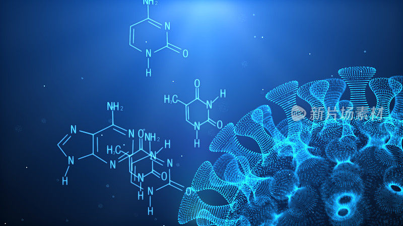 在宿主中引起感染的致病病毒的三维插图，病毒疾病的爆发，病毒抽象背景