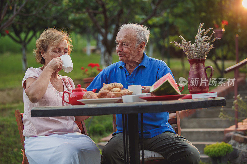 一对老夫妇在自家后院享用下午茶