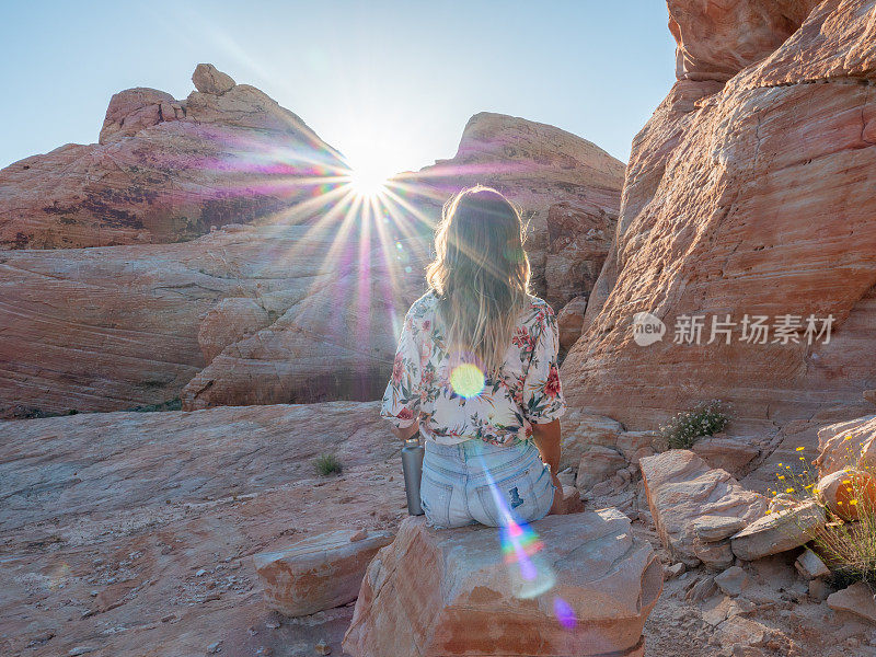 美丽的女人在内华达州的沙漠中凝视太阳升起