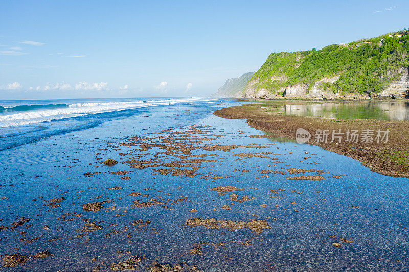 蓝色的海洋和覆盖着树木和草的悬崖。从上面看巴厘岛海岸。空中无人机拍摄。