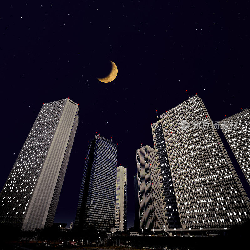 新月在摩天大楼上升起，繁星点点。