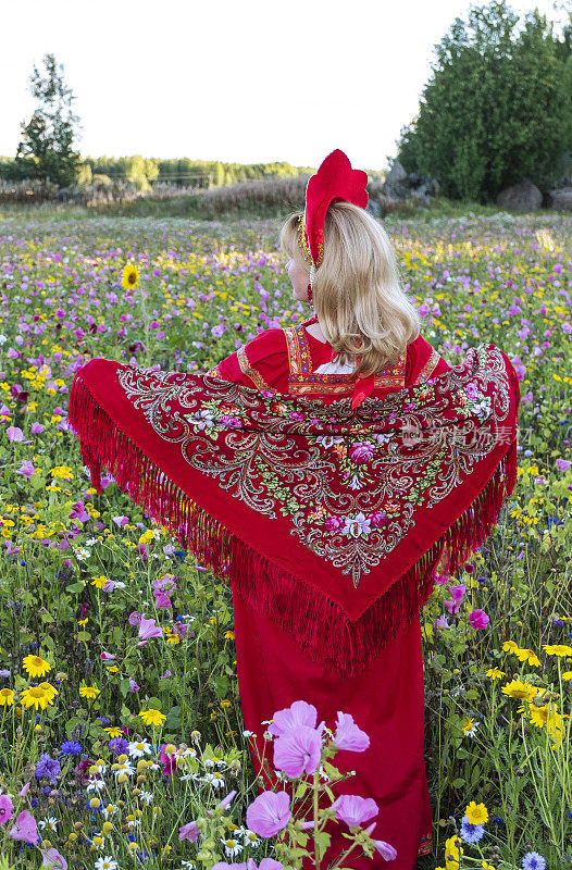 年轻的白人女性。他用手拿着披肩。俄罗斯和乌克兰的传统民族服装，红色背心裙和卡柯史尼克。以长满野花的草地为背景。后视图。