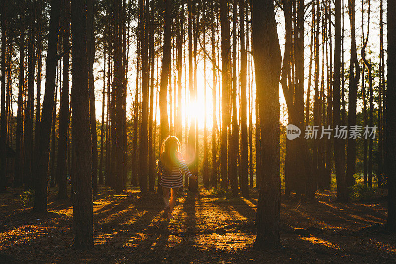 年轻女子在美丽的森林里奔跑，夕阳西下