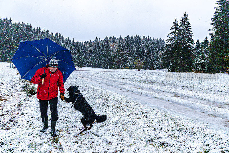 老人和黑狗在阿尔卑斯山的森林里享受降雪