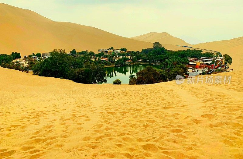 沙漠绿洲湖环绕着高大的黄色沙丘。