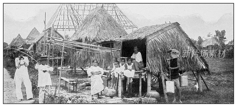 古董黑白照片:村庄，吕宋岛，菲律宾