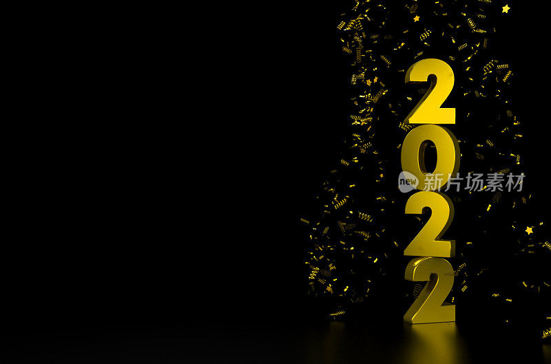 2022年新年快乐背景。信息写在金色和彩色纸屑在黑色的背景