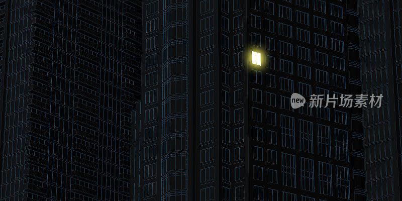 黑色背景与摩天大楼立面在线性风格与一个发光的窗户