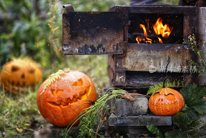 三个南瓜在秋天的草坪上与一个炉子和燃烧的火万圣节。可怕的万圣节标志。