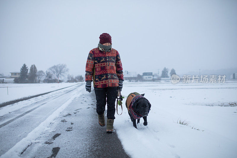 下雪天在乡间小路上遛狗