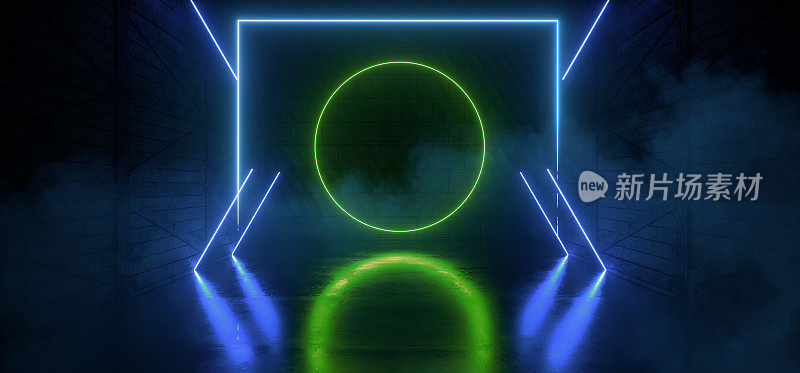 霓虹灯暗夜烟雾发光圈框架灯蓝色绿色舞台走廊隧道走廊显示俱乐部舞蹈未来网络反射混凝土水泥3D渲染
