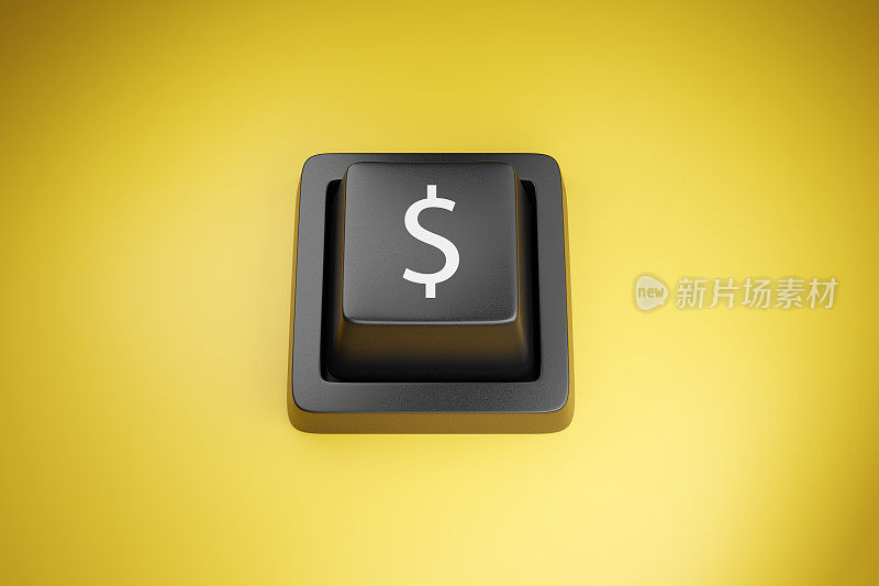 亮黄色背景上的黑色美元符号键盘键。通过电脑和互联网赚钱的概念说明