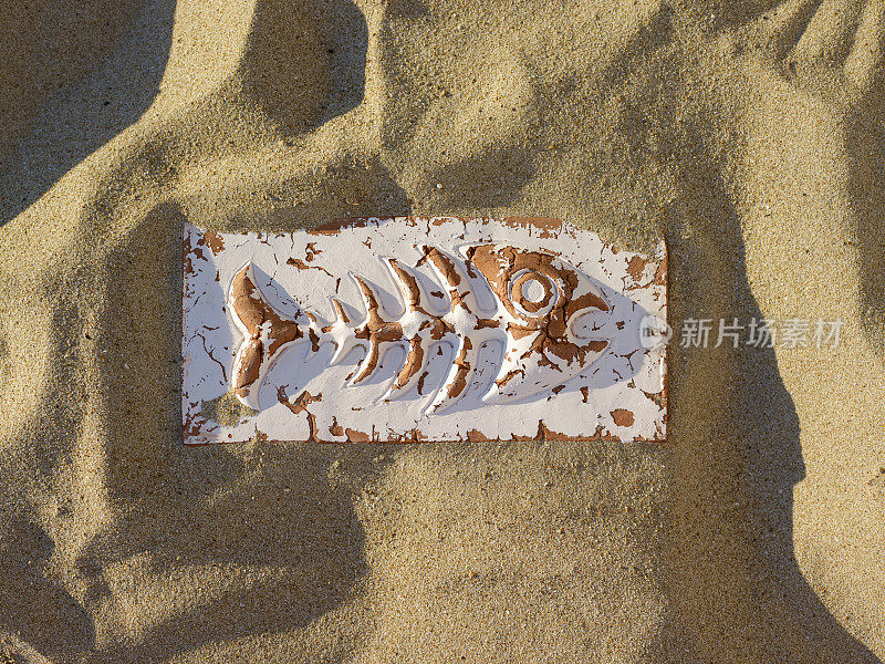 沙滩上的陶瓷鱼骨造型。一个晴朗的日子。没有人。