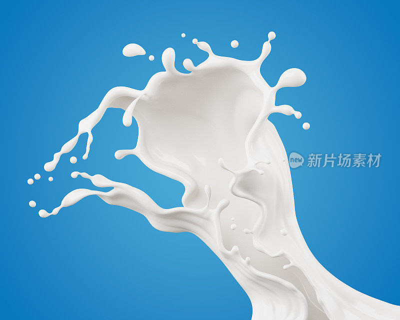 倾泻牛奶奶油与飞溅的蓝色背景，3d插图。