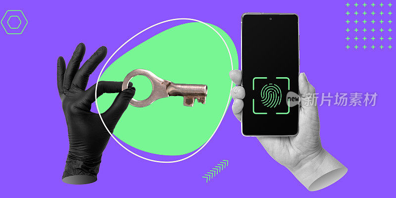 网络安全概念。手戴黑色橡胶手套和金属钥匙，手拿智能手机，指纹图标解锁屏幕。极简艺术拼贴