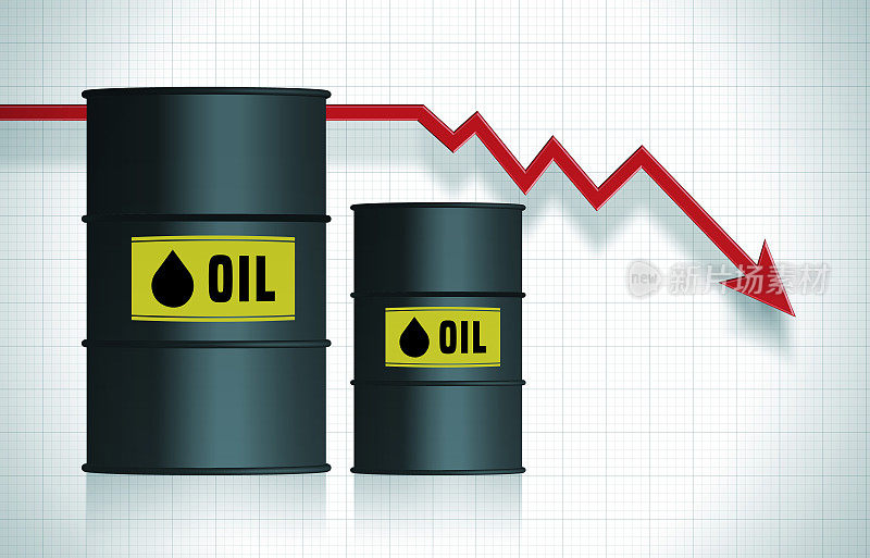 石油桶和失败箭头图。全球金融和经济概念。