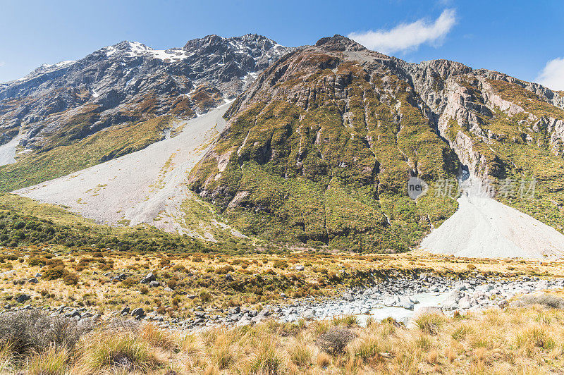 新西兰风景优美的库克山在夏季以新西兰南岛的自然景观为背景