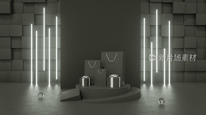 3D黑色星期五概念，礼盒和购物袋与霓虹灯在黑色背景