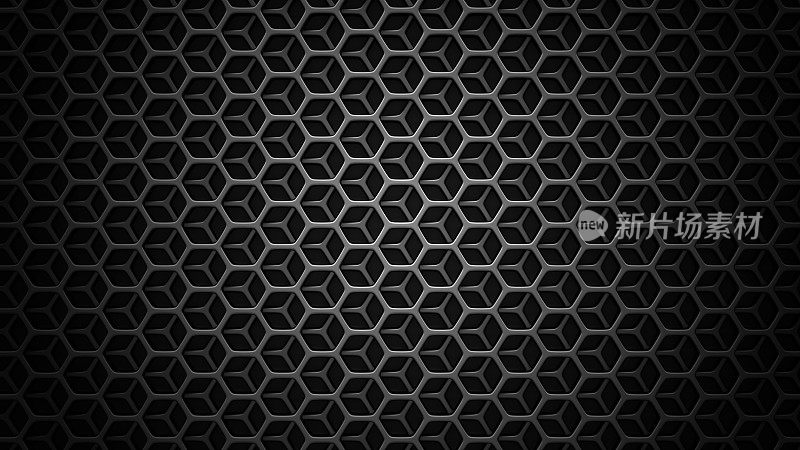 黑色不锈钢六角网背景。3d技术六角形插图。